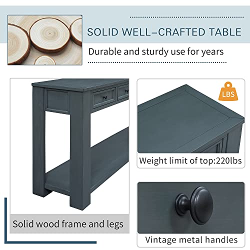 Knocbel Console Table with 4 Storage Drawers Bottom Shelf, Rustic Distressed Sofa Table for Entryway Hallway, Assembly Required, 63" W x 14" D x 30" H, Navy Knocbel