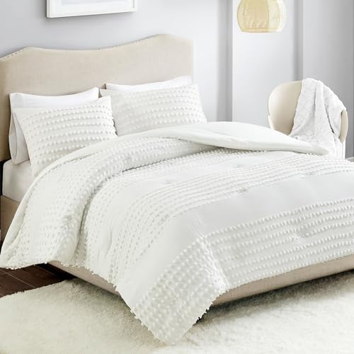 Comfort Spaces Cotton Comforter Set Jacquard Pom-Pom Tufts Design, Down Alternative, All Season Modern Bedding, Matching Shams, Twin/Twin XL, Phillips, Ivory Comfort Spaces
