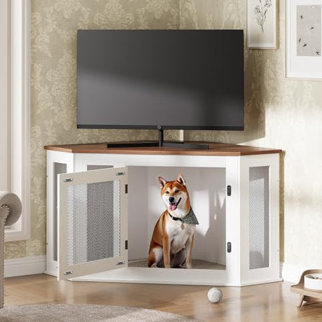 MAHANCRIS Corner Dog Crate Furniture, Wooden Dog Kennel End Table, Decorative Pet Crate Indoor Use, Furniture Style Dog House for Small Medium Dog, Dog Cage TV Stand, White and Walnut DCBA0801 MAHANCRIS
