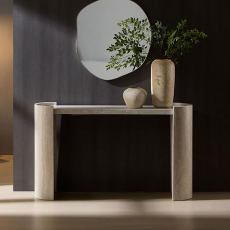 WILLIAMSPACE 53.13" Curved Console Table with Faux Mars Marble Pattern, Modern Wooden Hallway Table Narrow Entryway Table Accent Sofa Table for Living Room, Foyer, Corridor, Beige WILLIAMSPACE