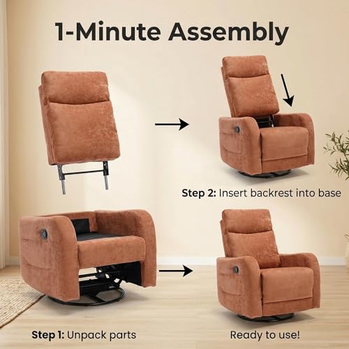 MAKOSAR 360° Swivel Glider Rocker Recliner Chair, Manual Reclining Sofa Chair with Side Pull Handle,Fabric Upholstered Lounge Chair for Living Room, Bedroom,Nursery,Office (Orange-Red-Swivel)