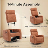 MAKOSAR 360° Swivel Glider Rocker Recliner Chair, Manual Reclining Sofa Chair with Side Pull Handle,Fabric Upholstered Lounge Chair for Living Room, Bedroom,Nursery,Office (Orange-Red-Swivel)