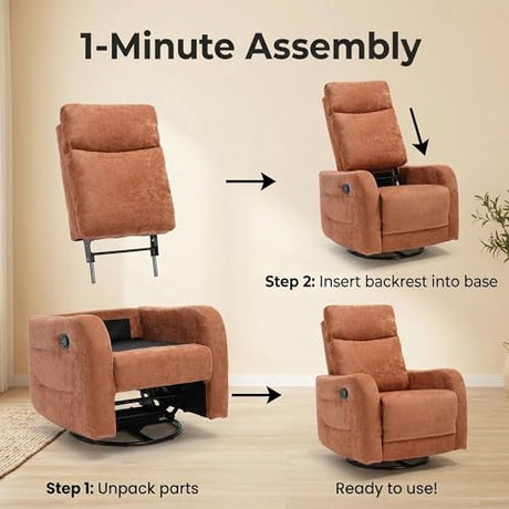 MAKOSAR 360° Swivel Glider Rocker Recliner Chair, Manual Reclining Sofa Chair with Side Pull Handle,Fabric Upholstered Lounge Chair for Living Room, Bedroom,Nursery,Office (Orange-Red-Swivel) MAKOSAR