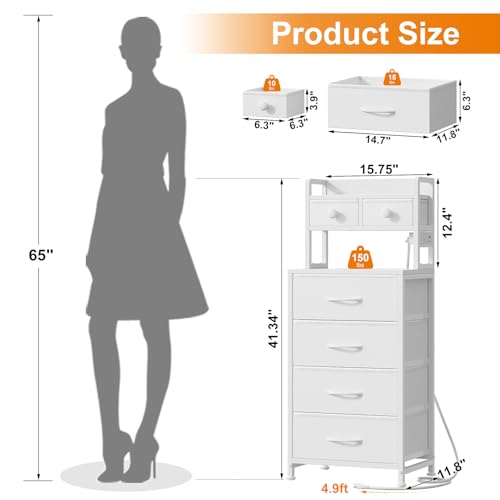 REAHOME 41 Inch Tall Nightstand with Charging Station, LED Night Stand with 6 Fabric Drawers, Bed Side Table with 3-Tier Wood Storage Shelves for Bedroom, Office, Small Spaces, White REAHOME