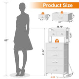 REAHOME 41 Inch Tall Nightstand with Charging Station, LED Night Stand with 6 Fabric Drawers, Bed Side Table with 3-Tier Wood Storage Shelves for Bedroom, Office, Small Spaces, White REAHOME