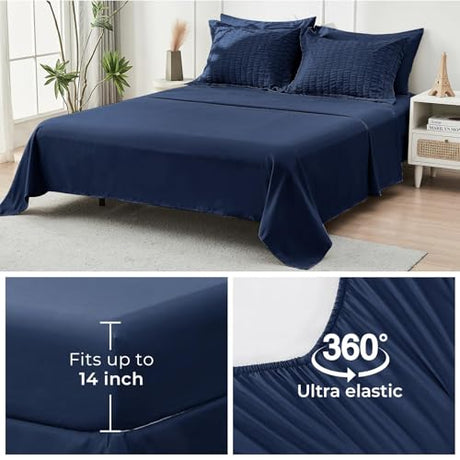 HYMOKEGE Navy Blue Full Size Comforter Sets Seersucker 7 Pieces, All Season Luxury Bed in a Bag for Bedroom, Bedding Set with Comforters, Sheets, Pillowcases & Shams HYMOKEGE