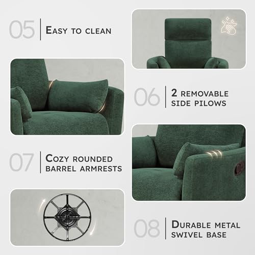Lexicon Modern Swivel Glider Recliner Chair - Quiet 360 Swivel Chair, Durable Microfiber Upholstered, 2 Pillows, Manual Reclining for Living Room, Small Spaces, Nursery, Apartment, Bedroom, Green