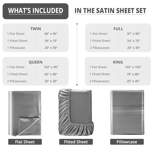 Lux Décor 3-Piece Twin Satin Sheet Set– Luxury Silky Soft 100% Polyester Woven Fabric, Deep Pocket Fitted Sheet – Smooth & Breathable Bedding with Pillowcase (Dark Grey) LDC LUX DECOR COLLECTION