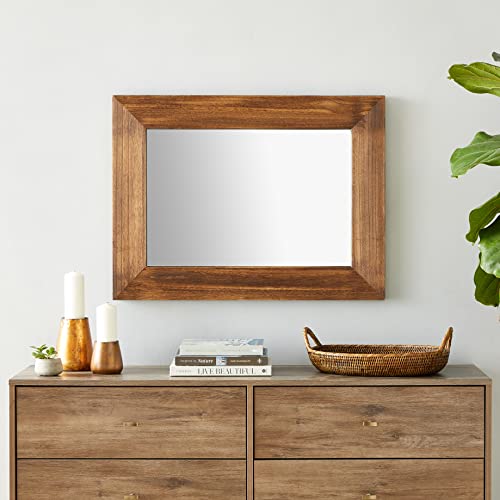 MAXYOYO Rustic Wood Wall Mirror for Bathroom, 24" x 32" Wood Framed Mirror Farmhouse Style Bathroom Vanity Mirror, Vertical or Horizontal Hanging, Brown - WoodArtSupply