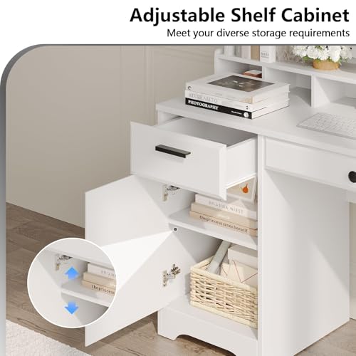 MaverickFurni Executive Desk with Hutch, 58 Inch White Computer Desk with 5 Drawers, Home Office Desk with Storage, Rustic Desk with Adjustable Shelves and Storage Cabinet for Bedroom MaverickFurni