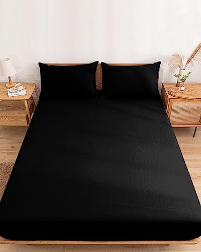 ZFUNCING Solid Art Minimalist Pure Black Fitted Bed Sheets King Size Fit 5-16inch Deep Pockets,Luxury Bottom Sheet Bedding Set with Pillow Case,Plain Single Dark Color Fitted Sheet for Mattress ZFUNCING