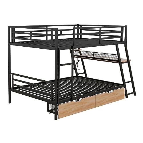 DEYOBED Black Full Size Metal Gaming Bunk Bed with Built-in Desk, LED Light Strip and Storage Drawers - WoodArtSupply