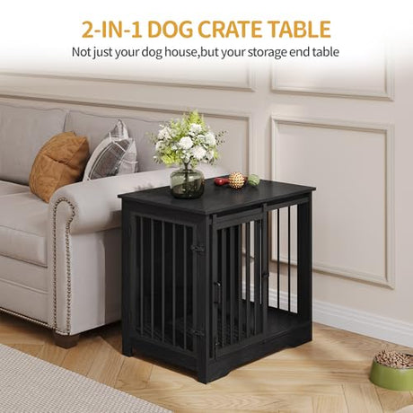 Hzuaneri 27.2" Dog Crate Furniture with Barn Door, Heavy Duty Dog Kennel Indoor with 2 Doors, Wooden Pet Cage End Table for Small Medium Dogs up to 22 lb, Anti-Chew Anti-Escape, Black DFC84304B Hzuaneri