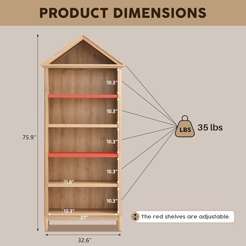 75.9" Tall Farmhouse Bookcase, Angle Arched 5 Tiers Large Bookshelf with Adjustable Shelves, Modern Wooden Geometric Book Shelf w/Storage and Open Display Shelves for Living Room, Office-Natural IFGET