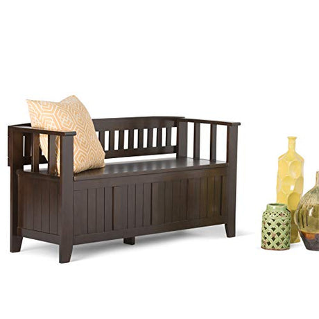 Acadian Solid Wood 48 Inch Transitional Entryway Storage Bench in Brunette Brown SIMPLIHOME