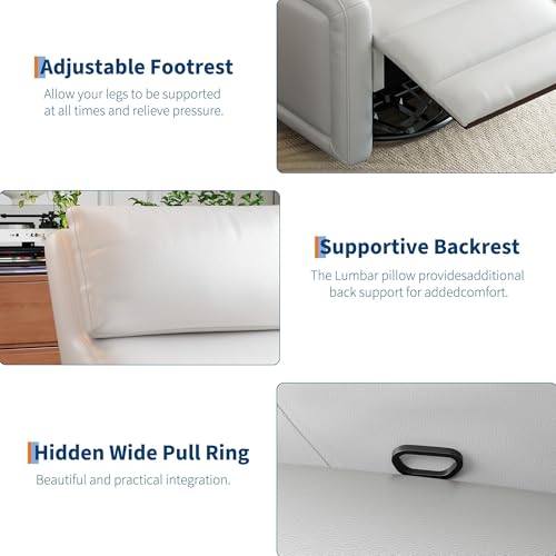 GarveeTech Adult Manual Recliner Chair with 360° Swivel, Faux Leather Reclining Sofa Rock, Adjustable Backrest and Footstool, Concealed Pull Lever, Modern Living Room Armchair, White