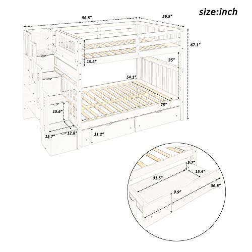 MERITLINE Solid Wood Bunk Bed with Staircase Storage, Full Over Full Bunk Bed with Drawers for Kids, Teens & Adults, Space Saving Design (Gray) MERITLINE