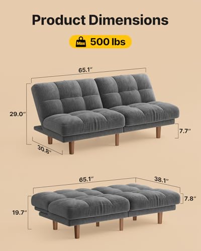 AMADA HOMEFURNISHING 65" Futon Sofa Bed, Convertible Futon Couch with Adjustable Backrest, Ergonomic Recliner Sleeper Sofa with Corduroy Fabric for Living Room, Office, Guest Room (Grey) AMADA HOMEFURNISHING