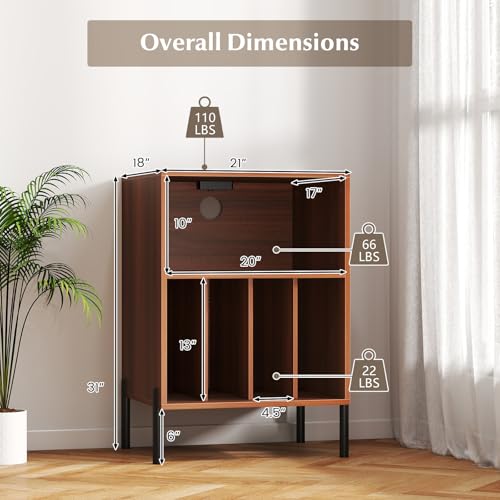 GOFLAME Record Player Stand with Charging Station, Turntable Stand Holds Up to 150 Albums, Vinyl Record Holder with 5 Storage Compartments and Metal Legs for Living Room Bedroom Office, Walnut GOFLAME