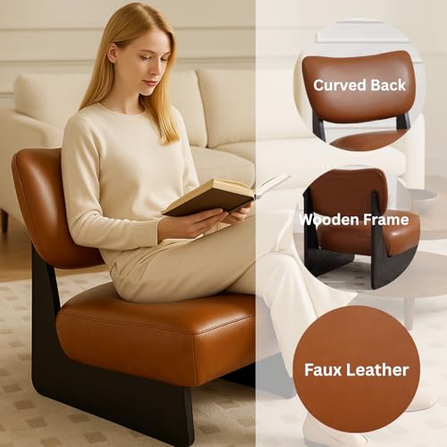 DAYALANE Brown Faux Leather Living Room Chairs Set of 2, Cozy Upholstered Armless Accent Chair for Bedroom, Black Wood Frame, Vintage Modern Lounge Reading Chair for Apartment Waiting Room Office DAYALANE