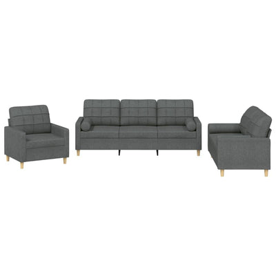 vidaXL Dark Gray 3-Piece Sofa Set Including Single Chair, 2-Seater, 3-Seater with Padded Cushions, Armrests and Back Pillows