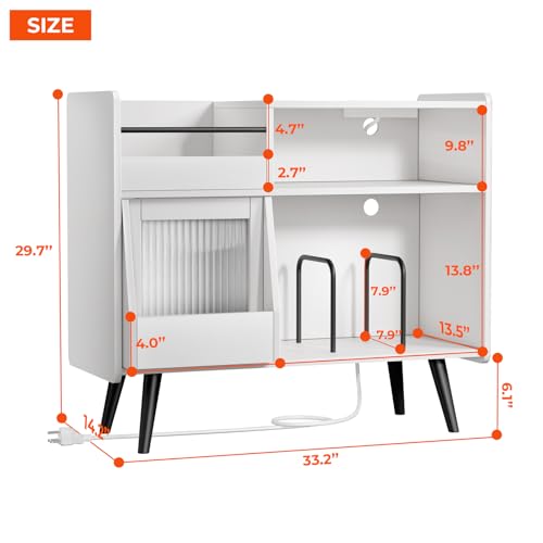 Loomie Large White Record Player Stand with Sliding Door,350 Vinyl Record Storage Cabinet, Record Player Table with Power Outlet and LED Light,Turntable Stand with Wood Legs for Living Room Loomie