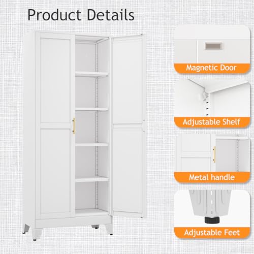 PAOFIN 71" Tall Metal Pantry Storage Cabinet with Doors and 4 Adjustable Shelves, White Kitchen Food Pantry Cabinets, Tall Freestanding Cupboard for Kitchen, Dining Room or Living Room PAOFIN