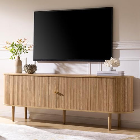 AMERLIFE 70" Mid-Century Modern TV Stand, TV Console Table for TVs up to 80 Inch, Fluted Wood Media Console with Storage, Solid Wood Legs, Natural Oak AMERLIFE