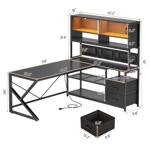 SEDETA L Shaped Gaming Desk, Home Office Computer Desk with 2 Drawer and Bookshelf, L Shaped Gaming Desk with LED Light, Glass Cabinet and Storage Bag, Corner Desk with Storage Shelves, Black SEDETA