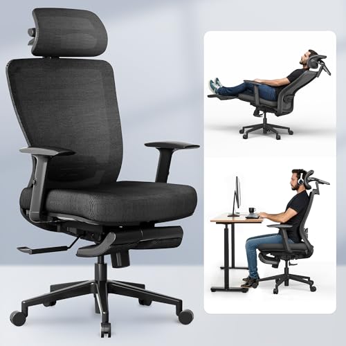 FLEXISPOT OC3 Cloud Ergonomic Office Chair with Footrest, Mesh Back Computer Chair, Home Office Desk Chairs, with Adjustable Lumbar Support/3D Headrest/Reliable Base, Elastic Foam Seat, Black, Cloud-F FLEXISPOT