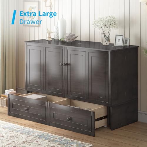 Mjkone 63.5" W Murphy Bed Cabinet, Queen Cabinet Wall Beds with USB Charging Station & Tri-Folding Mattress, Guest Cabinets Beds with Storage Drawers for Bedroom Apartment Home Office, Dark Grey Mjkone