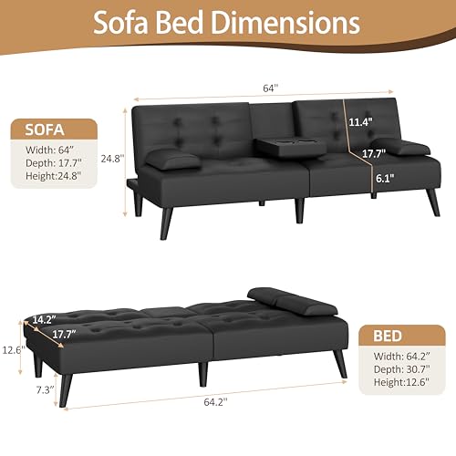 JAMFLY Futon Sofa Bed, 64" Small Futon Couch with Adjustable Backrest, 3-Angle Recliner, Detachable Armrests with Cup Holders for Small Spaces, Living Room, Apartment, Study Room (Black Leather) JAMFLY