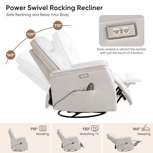 choairy Recliner Chair for Adults, Power Faux Leather Rocker Recliner Massage and Heat, Oversized Swivel Reclining Nursery Chair with USB Ports for Living Room, Office Beige
