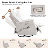 choairy Recliner Chair for Adults, Power Faux Leather Rocker Recliner Massage and Heat, Oversized Swivel Reclining Nursery Chair with USB Ports for Living Room, Office Beige