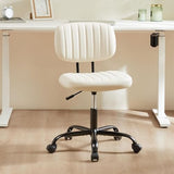Sweetcrispy Small Office Desk Chair - Armless PU Leather with Comfy Lumbar Support, Height Adjustable Rolling Swivel Task for No Arms, for Adult, Student, Bedroom, Home, Vanity, Beige White Sweetcrispy