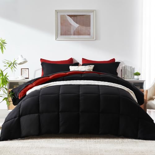 COZYART Full Comforter Set 7 Pcs, Black and Red Bed in a Bag, All Season Lightweight Soft Reversible Bedding Sets, 1 Comforter, 1 Flat Sheet, 1 Fitted Sheet, 2 Pillow Shams, 2 Pillowcases COZYART