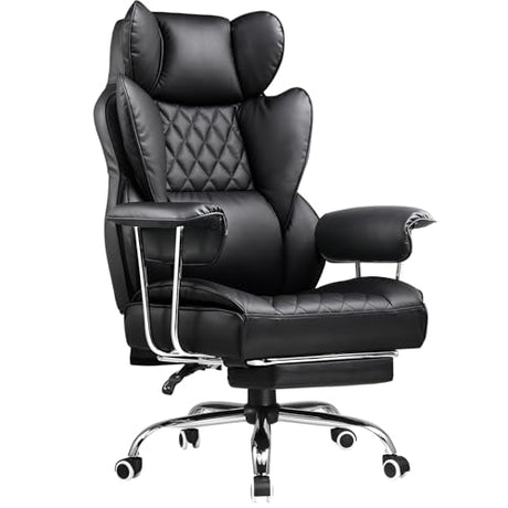 COMHOMA Big and Tall Office Chair, High Back Leather Gaming Chair with Footrest, Executive Ergonomic Office Chair with Pocket Spring Lumbar Support and with Outward Fixed Soft Armrests COMHOMA
