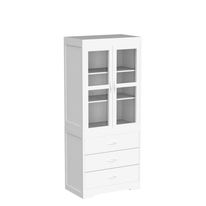 FOTOSOK White Kitchen Pantry Cabinet, 67’’ Freestanding Tall Storage Cabinet with 2 Tempered Glass Doors, Modern Kitchen Cupboard Large Floor Cabinet with 3 Shelves & 3 Drawers for Home Office