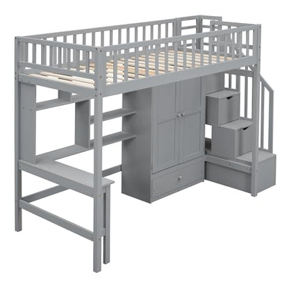 Twin Loft Bed with Storage, Desk, and Wardrobe by Harper & Bright Designs - Grey Solid Wood Frame - WoodArtSupply