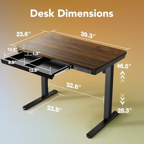 HUANUO Electric Standing Desk with Drawers, 40 x 24 Inch Electric Adjustable Height Desk, Quick Install One-Piece Tabletop with USB Charging Ports, Sit to Stand Up Desk for Home Office, Black Walnut HUANUO
