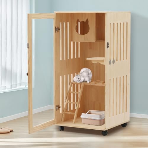 Catio Outdoor Cat Enclosure - 47.24" Large Wooden Cat House with Wheels, Multi-Level New Zealand Pine Wood (0.6" Thick) w/Clear Door for Indoor Use Nwkxnrt