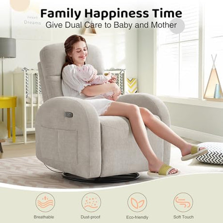 AEMEIOS Nursery Glider Recliner, Power Swivel Rocking Recliner with USB & Type-C Port, Swivel Nursering Reclining Rocker with Double Pockets for Living Room, Camel Chenille AEMEIOS