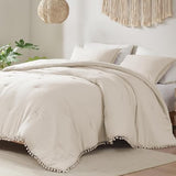 Codi Beige Twin Comforter Set for Girls - Boho Aesthetic Pom Fringe Design Cute Bedding, Soft Washed Microfiber Taupe Bed Sets, Lightweight Chic,1 Comforter & 1 Pillowcase Codi