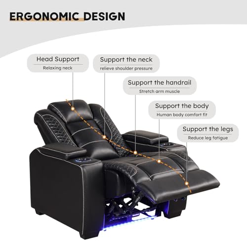ANJ Power Home Theater Seating Recliner Chairs, PU Leather Recliner with Cup Holders, Electric Movie Theater Reclining Chairs with Adjustable Powered Headrest, LED Lights, Hidden Arm Storage (Black)