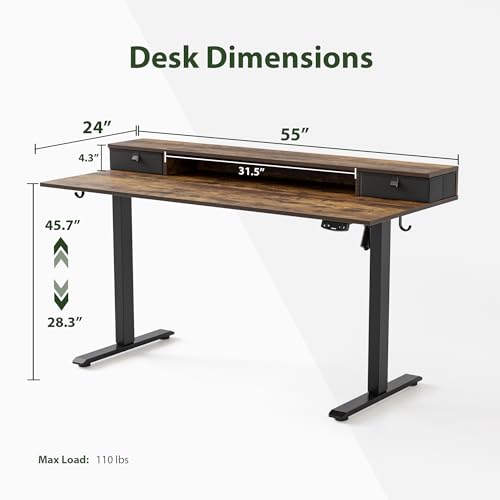 Agilestic 55 x 24 Inches Height Adjustable Electric Standing Desk with 2 Drawers, Stand Up Electric Desk Adjustable Height, Sit Stand Computer Gaming Table with Splice Board, Rustic Brown