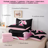 jejeloiu Kids Girls Black Pink Bow Comforter Set with Sheets Twin Size Monogrammed 7 Piece Bedding Set Personalized Initial A Bed in a Bag with Comforter,Sheets,Pillowcases Modern Fashion Bed Set jejeloiu