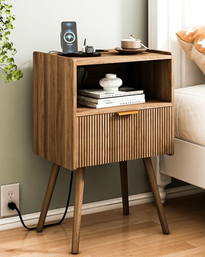 JOONEE Nightstand with Outlet,Modern Bedside Table with Storage Drawer and Open Wood Shelf, for Living Room, Bedroom and Small Spaces, Accent Night Stand with Solid Wood Legs, Easy Assembly,Brown JOONEE