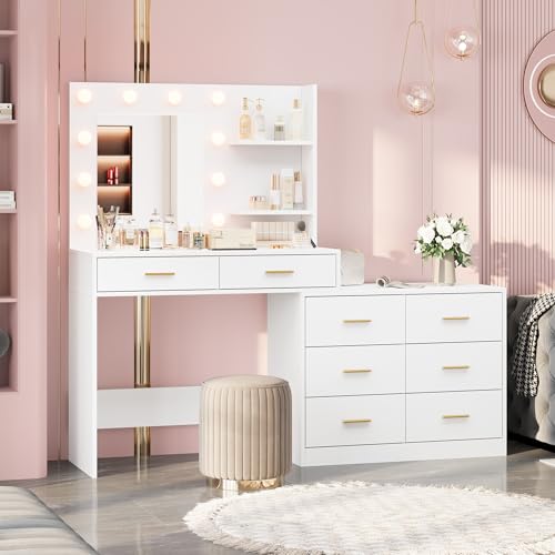 GarveeHome 61 in Make Up Vanity Desk with Mirror and Lights, White Vanity with 8 Wide Storage Drawers & 2 Tier Shelves, 3 Lighting Modes with Adjustable Brightness for Bedroom GarveeHome