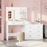 GarveeHome 61 in Make Up Vanity Desk with Mirror and Lights, White Vanity with 8 Wide Storage Drawers & 2 Tier Shelves, 3 Lighting Modes with Adjustable Brightness for Bedroom GarveeHome