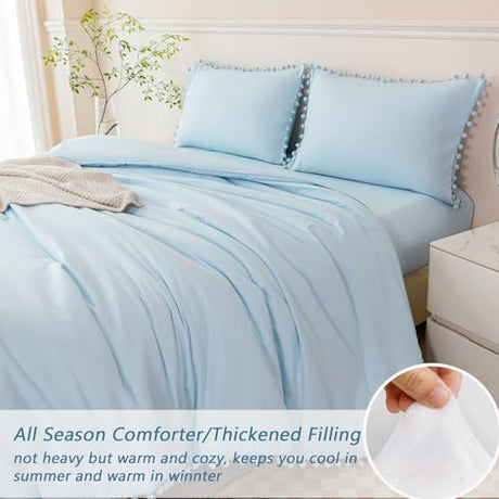 PERFEMET 5 Pieces Full Bed in A Bag Light Blue Pom Pom Bedding Set for Girls Boys Soft Fluffy Boho Solid Bedding Comforter Set with Sheets(Light Blue, Full) PERFEMET